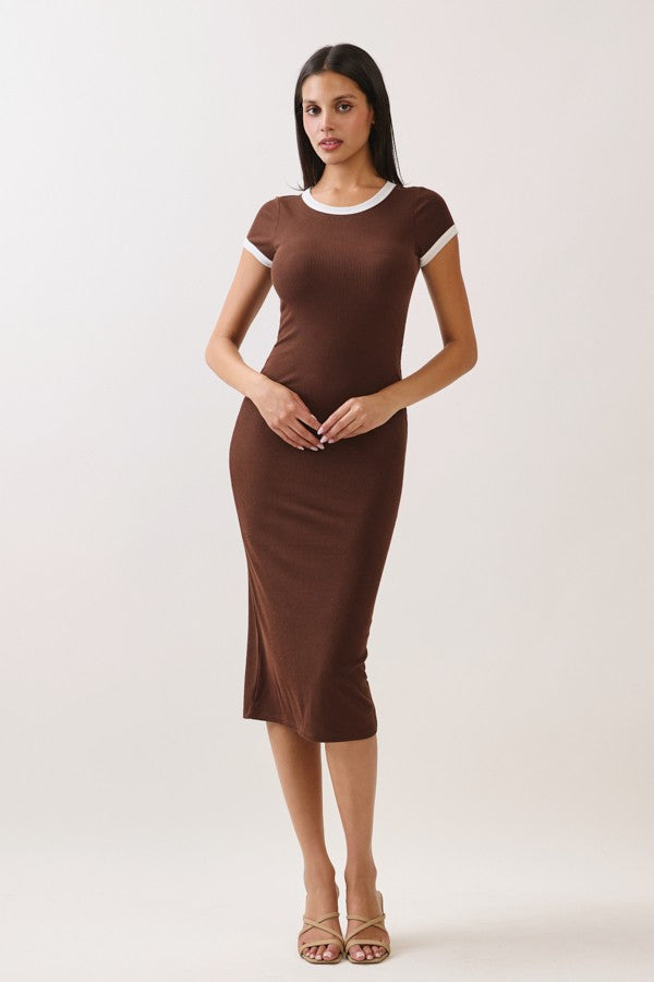 Brown Colorblock Trim Maternity Midi Dress