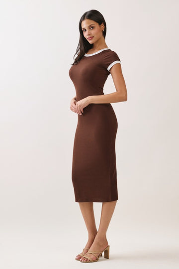 Brown Colorblock Trim Midi Dress