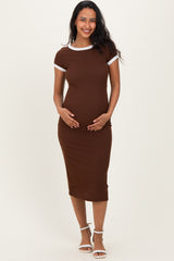 Brown Colorblock Trim Maternity Midi Dress