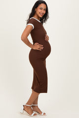 Brown Colorblock Trim Maternity Midi Dress