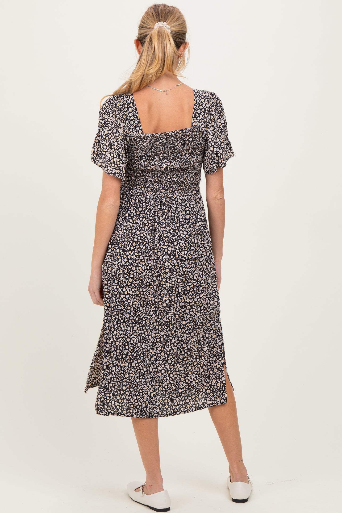 Black Floral Twist Front Cut Out Maternity Midi Dress