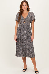 Black Floral Twist Front Cut Out Maternity Midi Dress