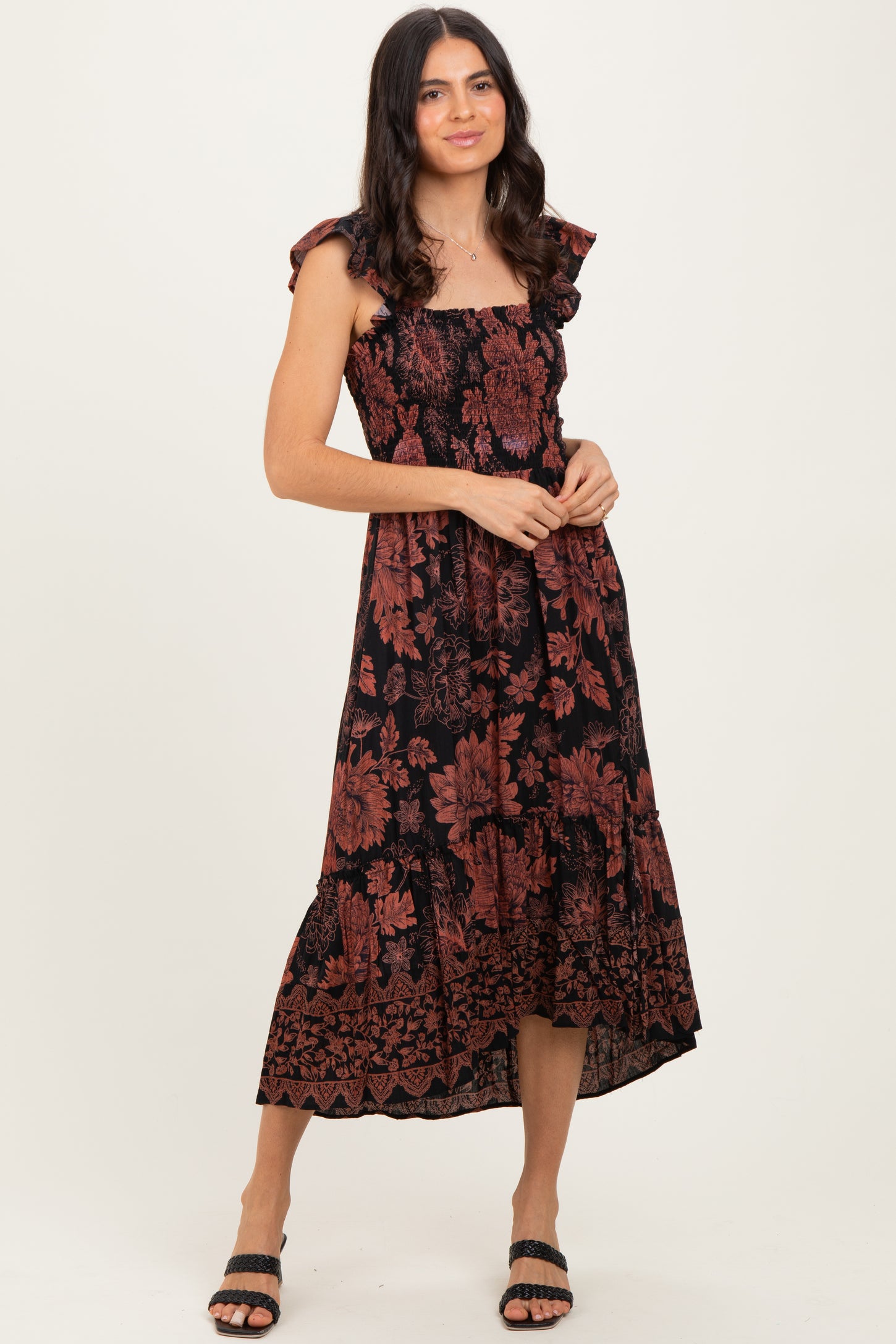Black Floral Smocked Flutter Sleeve Midi Dress
