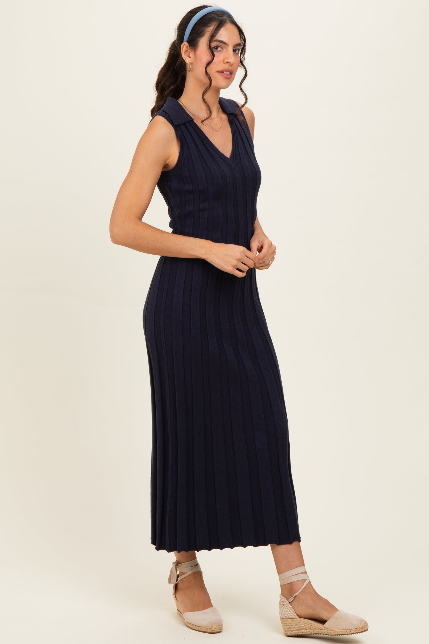 Navy Knit Collared Sleeveless Maxi Dress