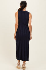 Navy Knit Collared Sleeveless Maxi Dress