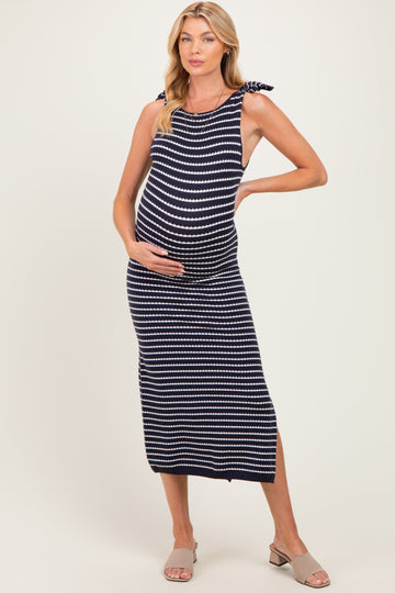 Oatmeal Striped Knit Shoulder Tie Maternity Maxi Dress