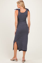 Oatmeal Striped Knit Shoulder Tie Maternity Maxi Dress