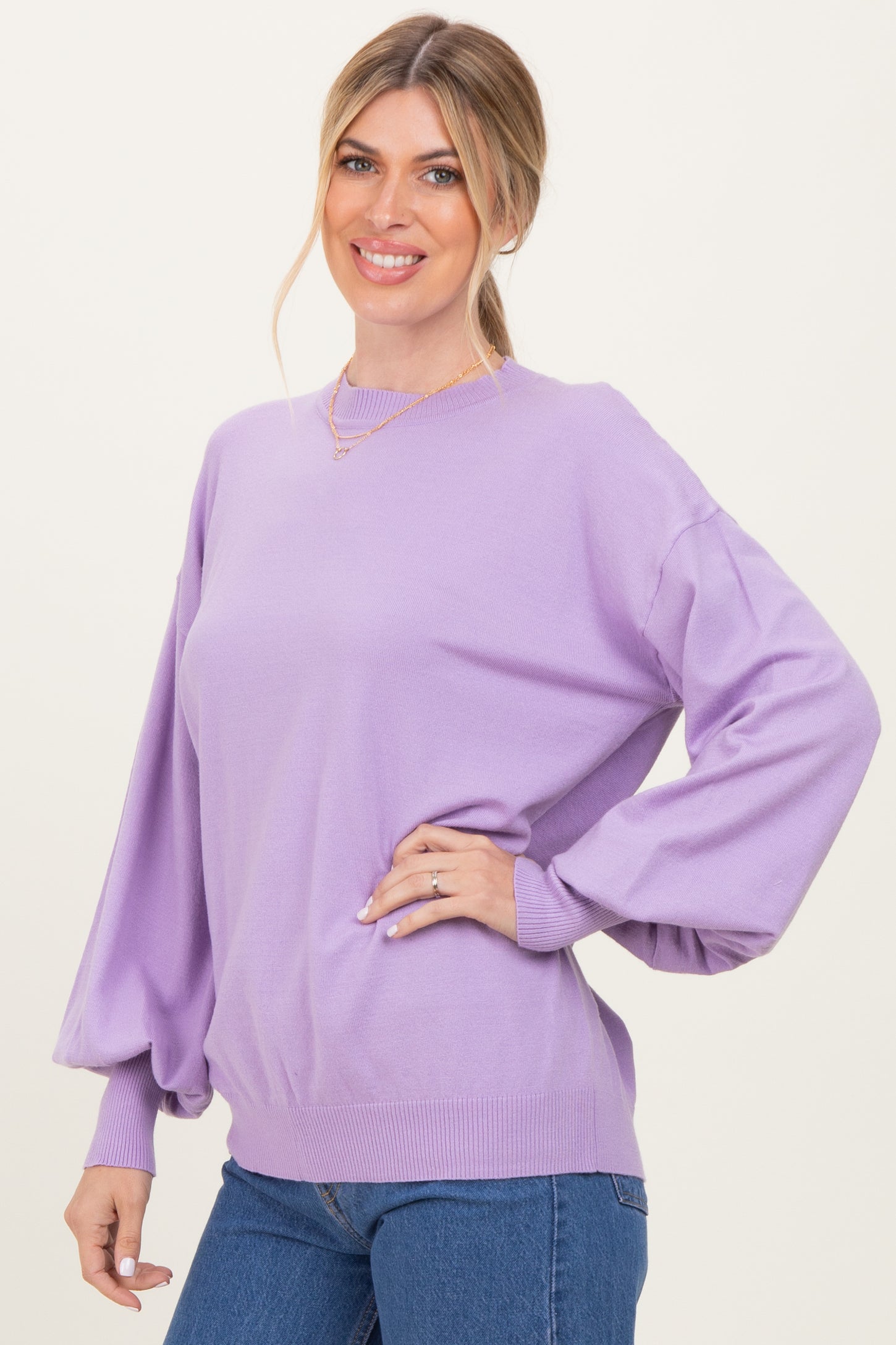 Lavender Fine Knit Balloon Sleeve Sweater