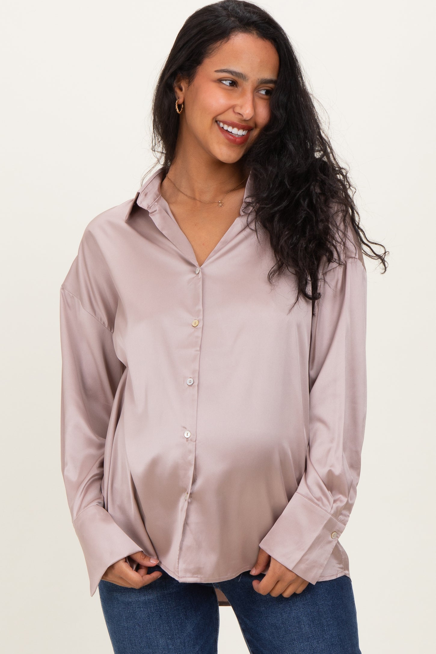 Light Mocha Satin Button Up Maternity Blouse