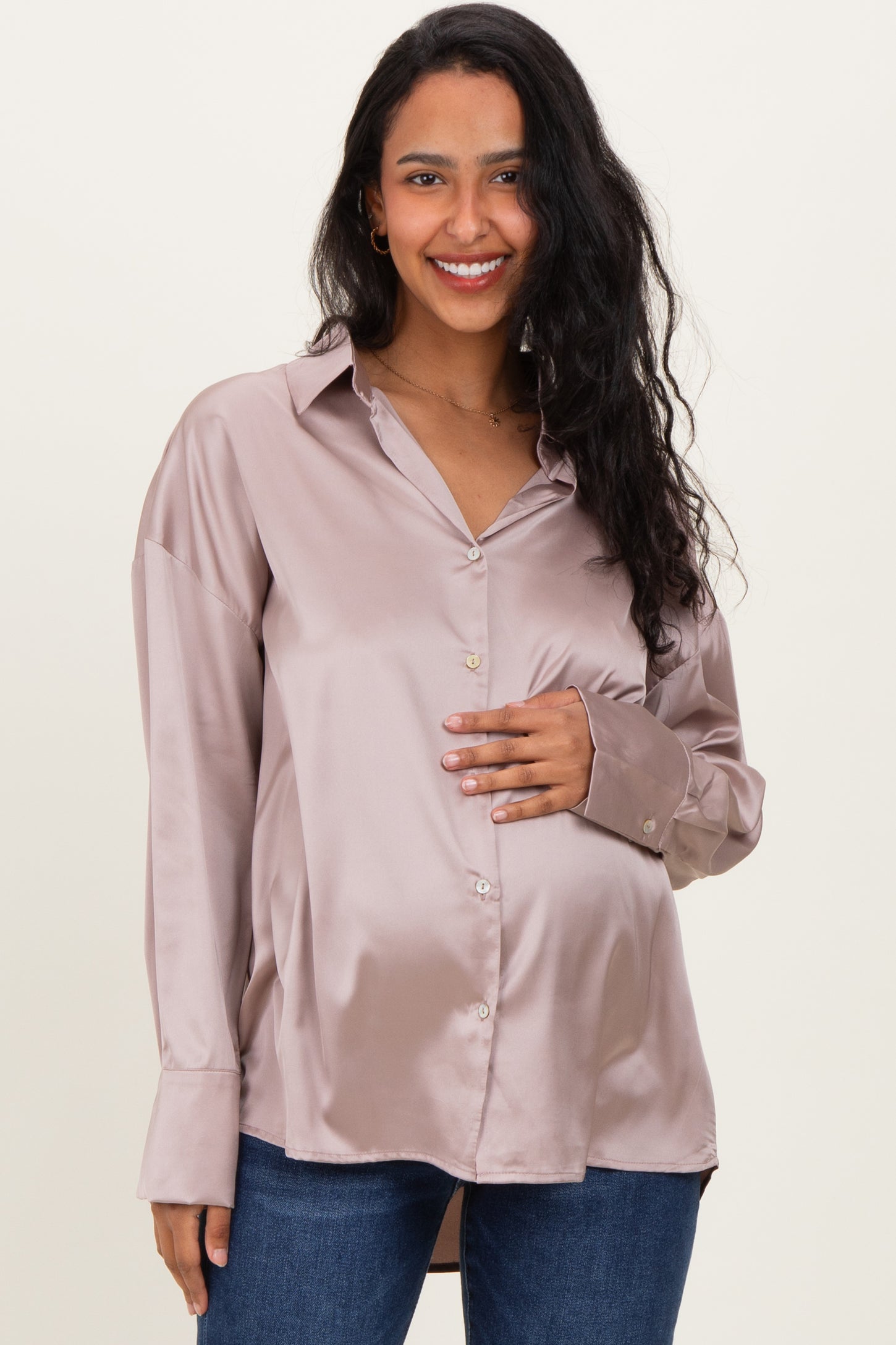 Light Mocha Satin Button Up Maternity Blouse