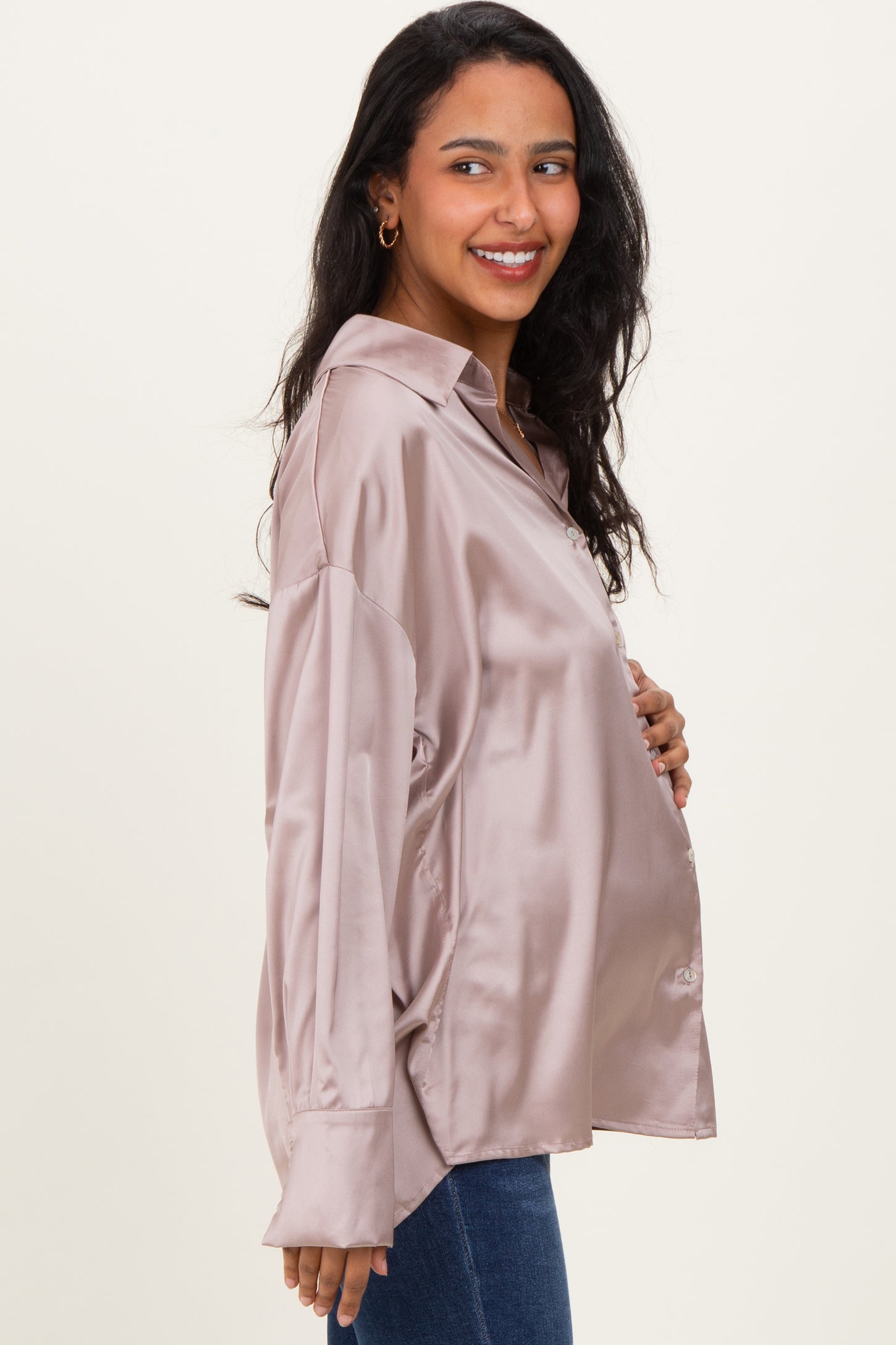 Light Mocha Satin Button Up Maternity Blouse