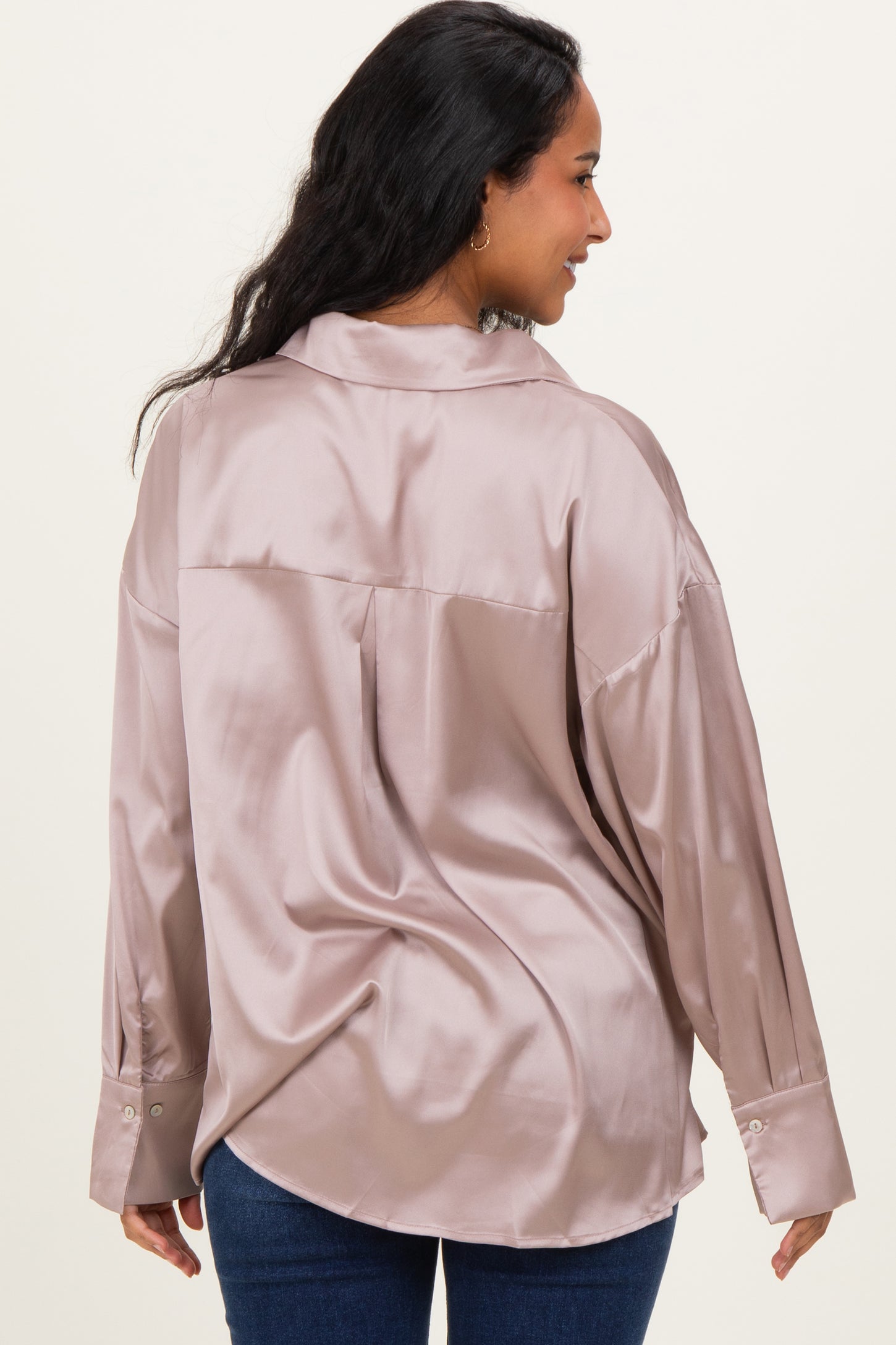 Light Mocha Satin Button Up Maternity Blouse