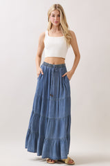 Blue Chambray Tiered Maxi Skirt