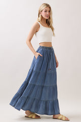 Blue Chambray Tiered Maxi Skirt