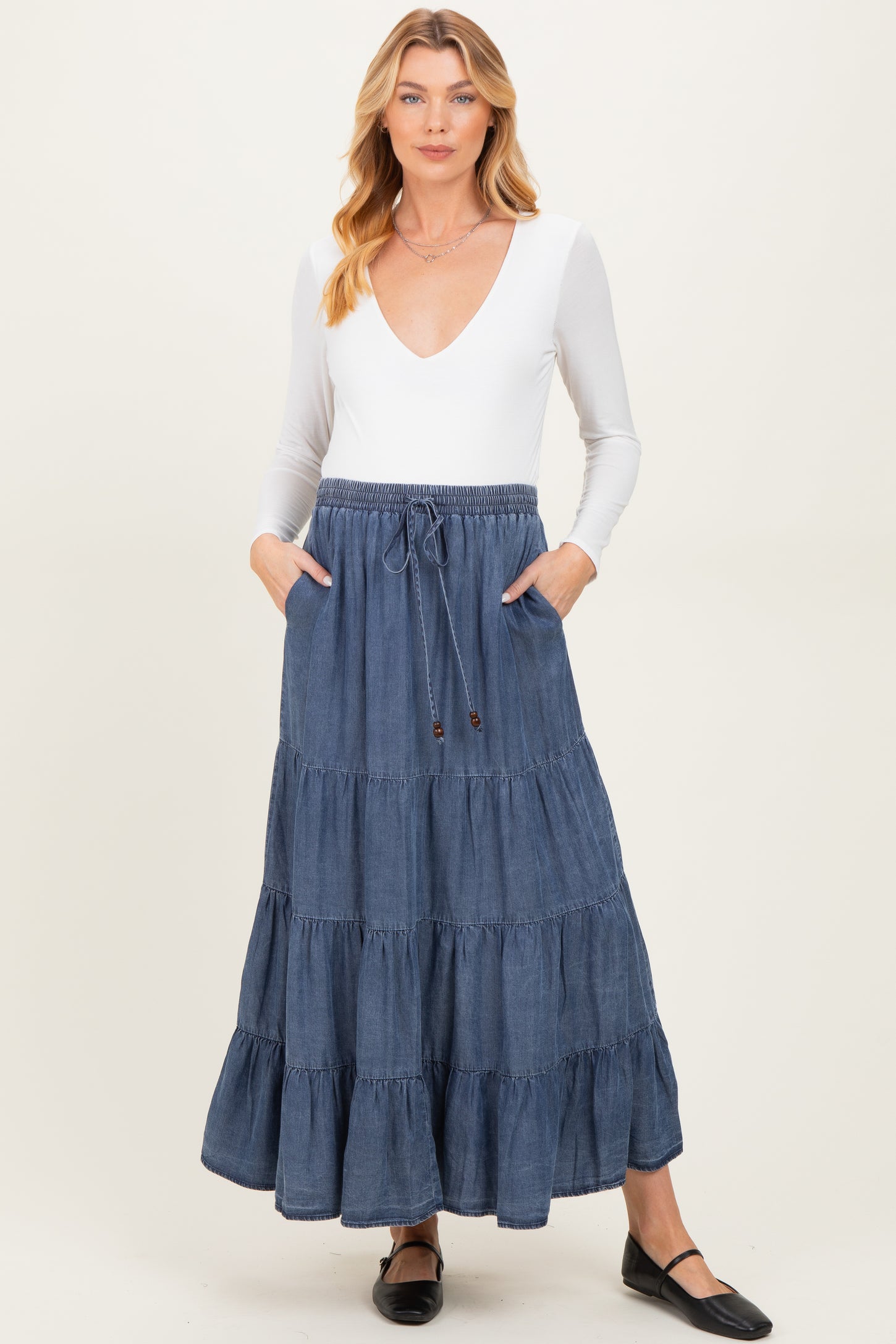 Blue Chambray Tiered Maternity Maxi Skirt
