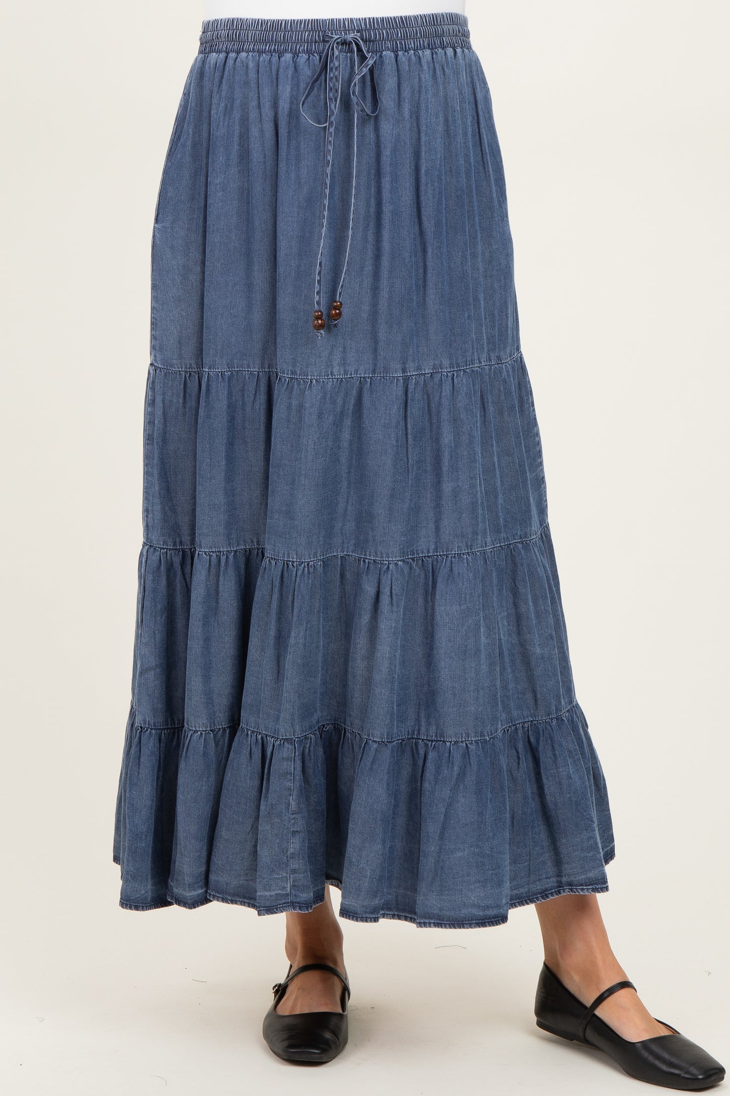 Blue Chambray Tiered Maternity Maxi Skirt