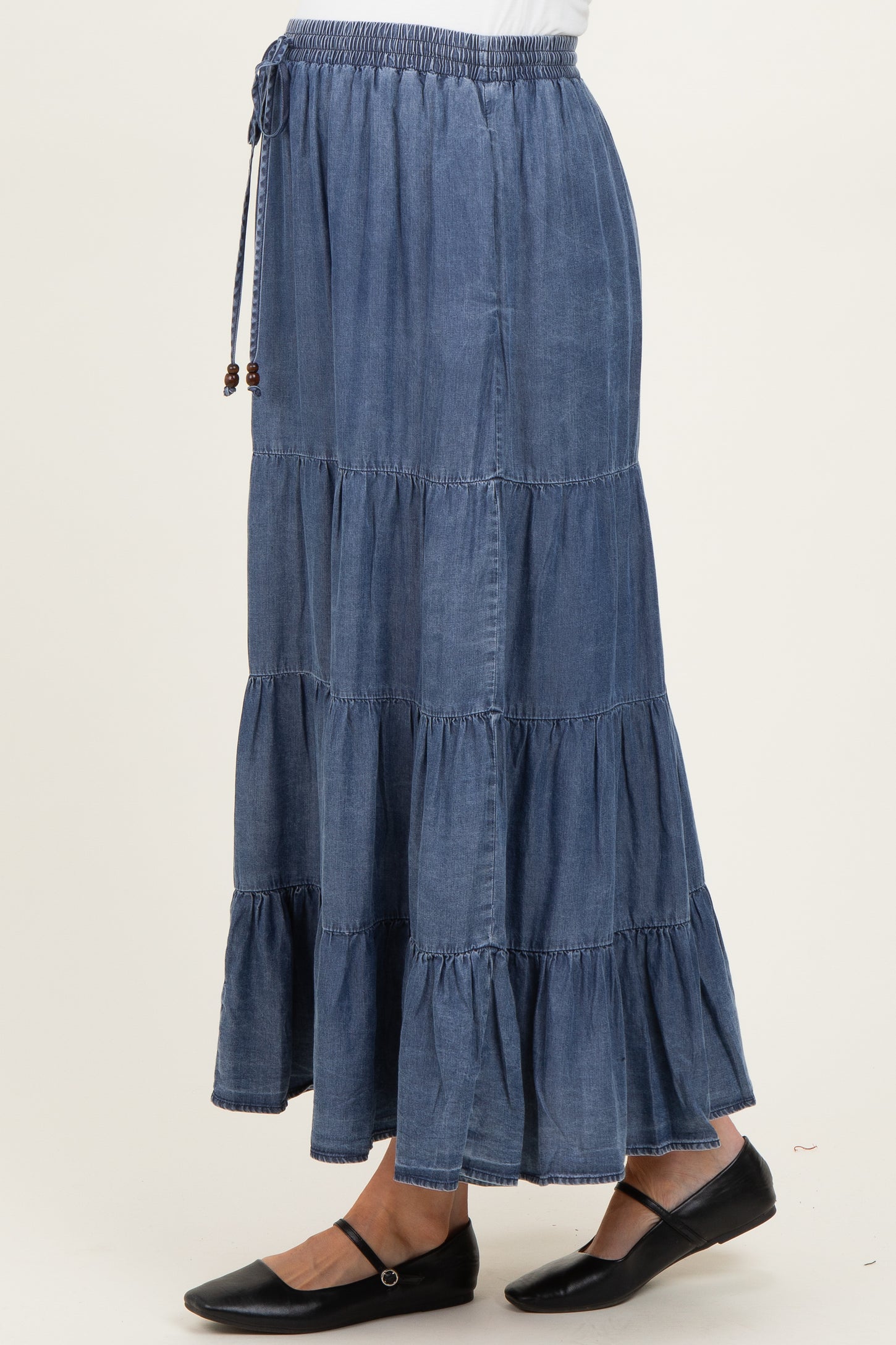 Blue Chambray Tiered Maternity Maxi Skirt