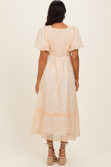 Yellow Gingham Pleated Square Neck Midi Dress