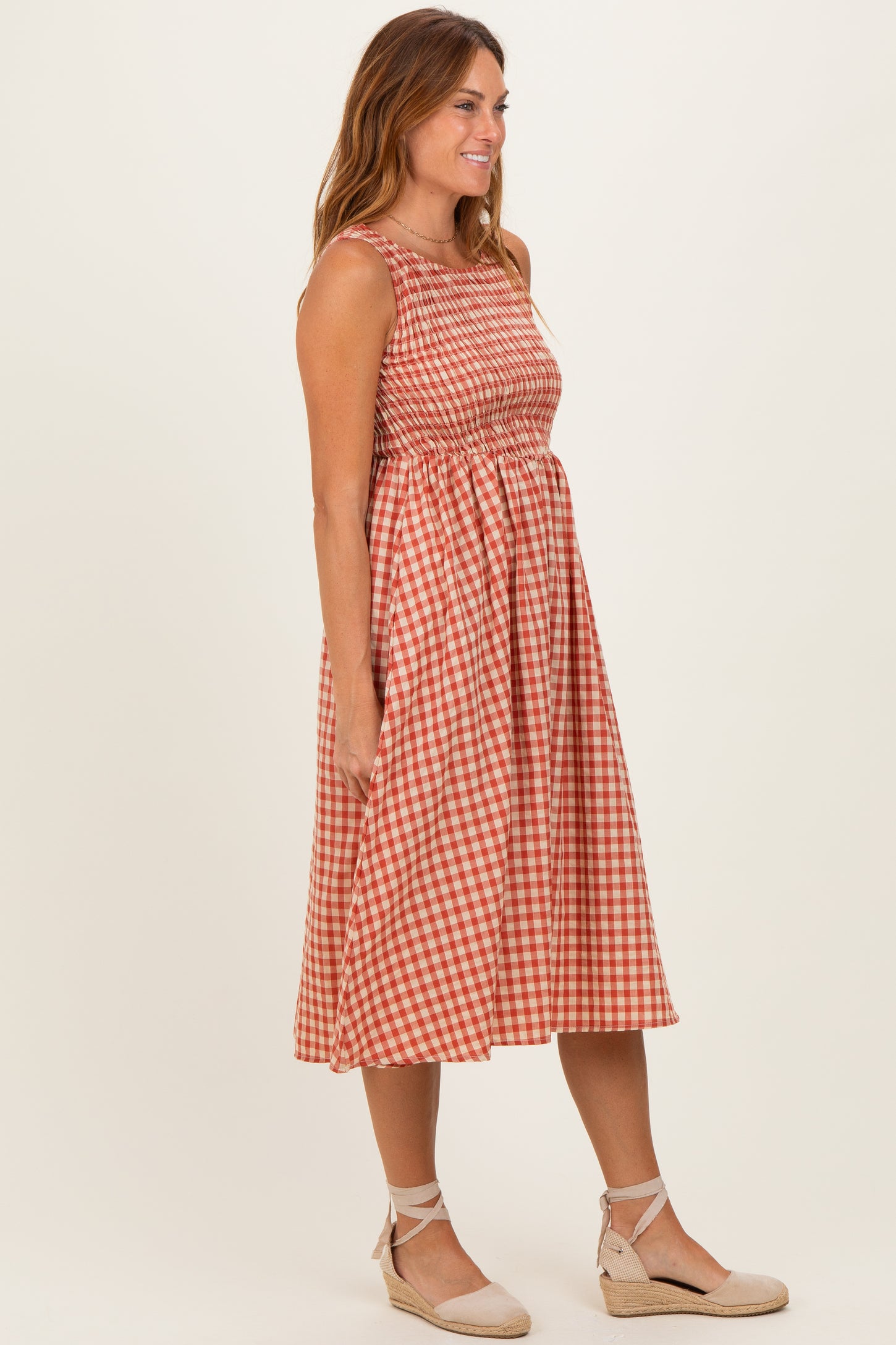 Red Gingham Smocked Sleeveless Midi Dress