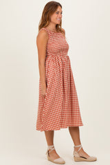 Red Gingham Smocked Sleeveless Midi Dress