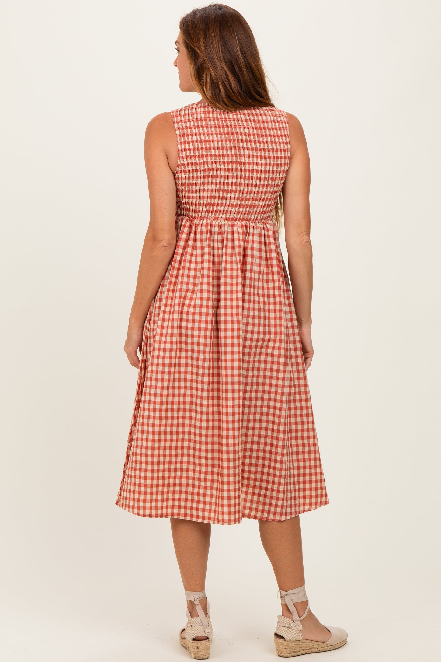 Red Gingham Smocked Sleeveless Midi Dress