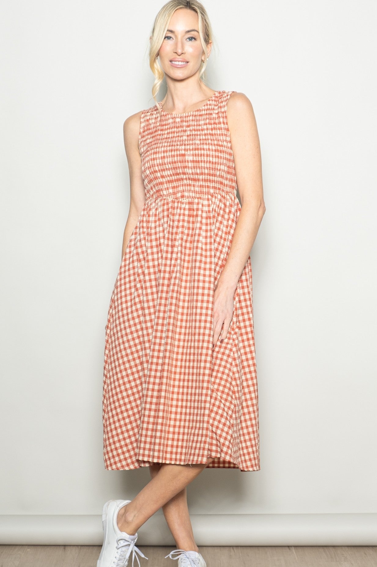 Red Gingham Smocked Sleeveless Midi Dress