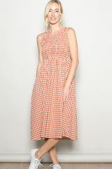 Red Gingham Smocked Sleeveless Midi Dress