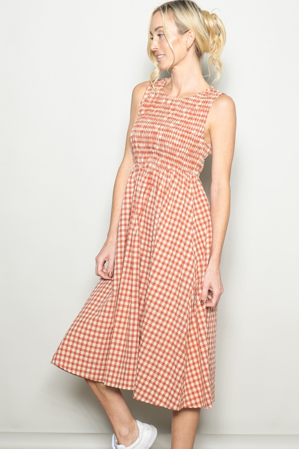 Red Gingham Smocked Sleeveless Midi Dress