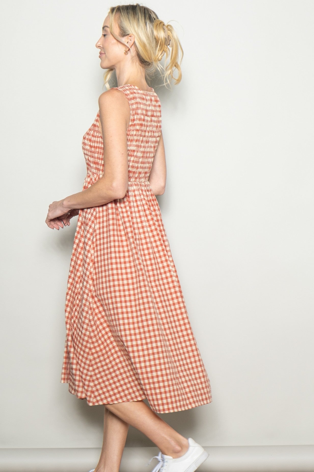 Red Gingham Smocked Sleeveless Midi Dress