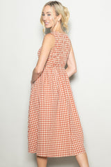 Red Gingham Smocked Sleeveless Midi Dress