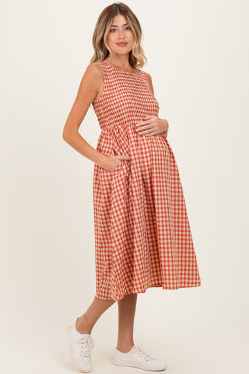 Red Gingham Smocked Sleeveless Maternity Midi Dress