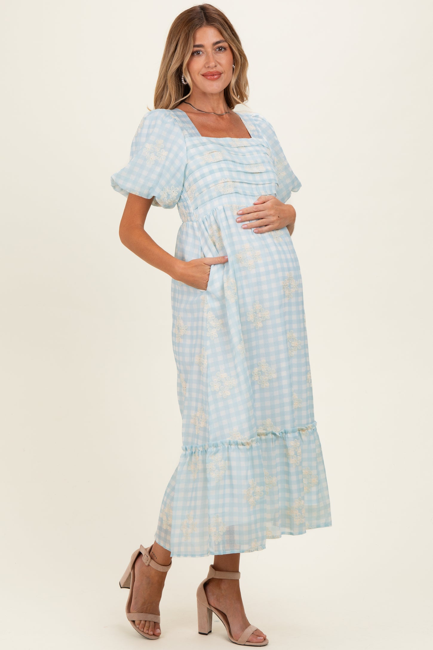 Light Blue Gingham Pleated Square Neck Maternity Midi Dress