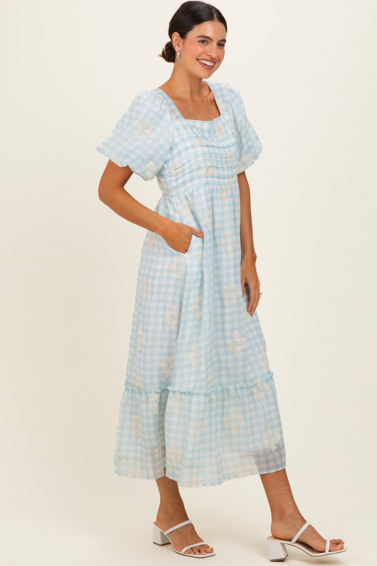 Light Blue Gingham Pleated Square Neck Midi Dress