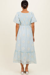 Light Blue Gingham Pleated Square Neck Midi Dress