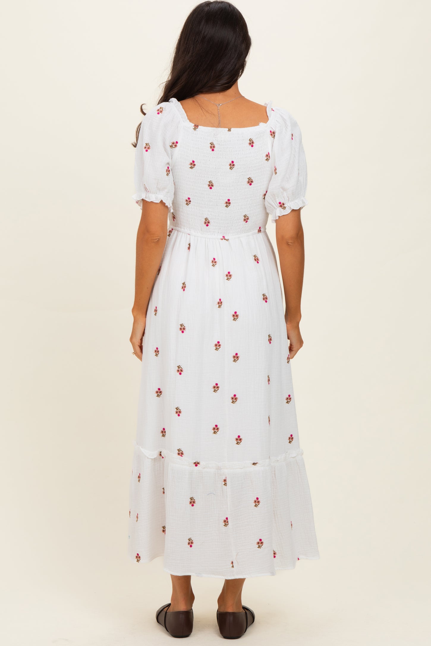 Ivory Embroidered Smocked Midi Dress