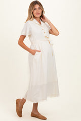 Beige Button Down Frayed Maternity Midi Dress
