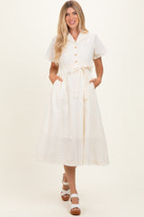 Beige Button Down Frayed Midi Dress