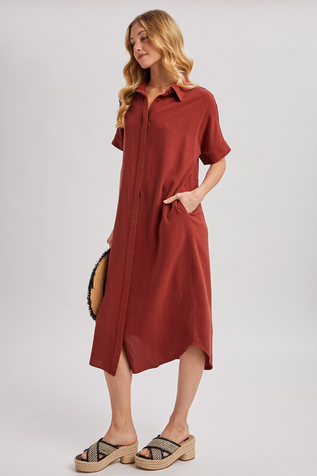 Brick Button Down Midi Shirt Dress