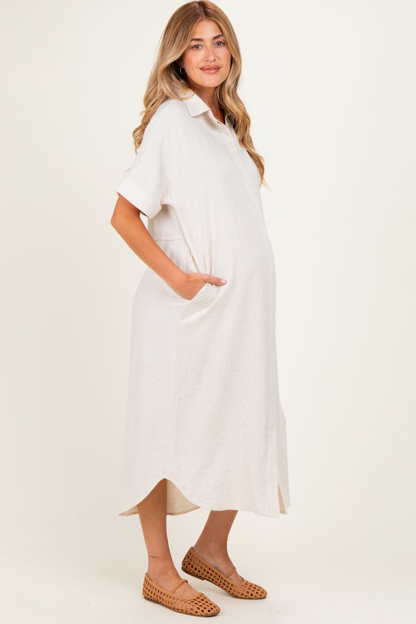 Natural Button Down Maternity Midi Shirt Dress