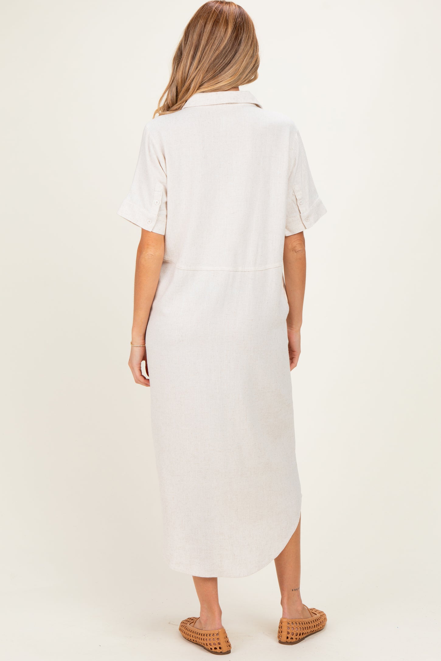 Natural Button Down Maternity Midi Shirt Dress