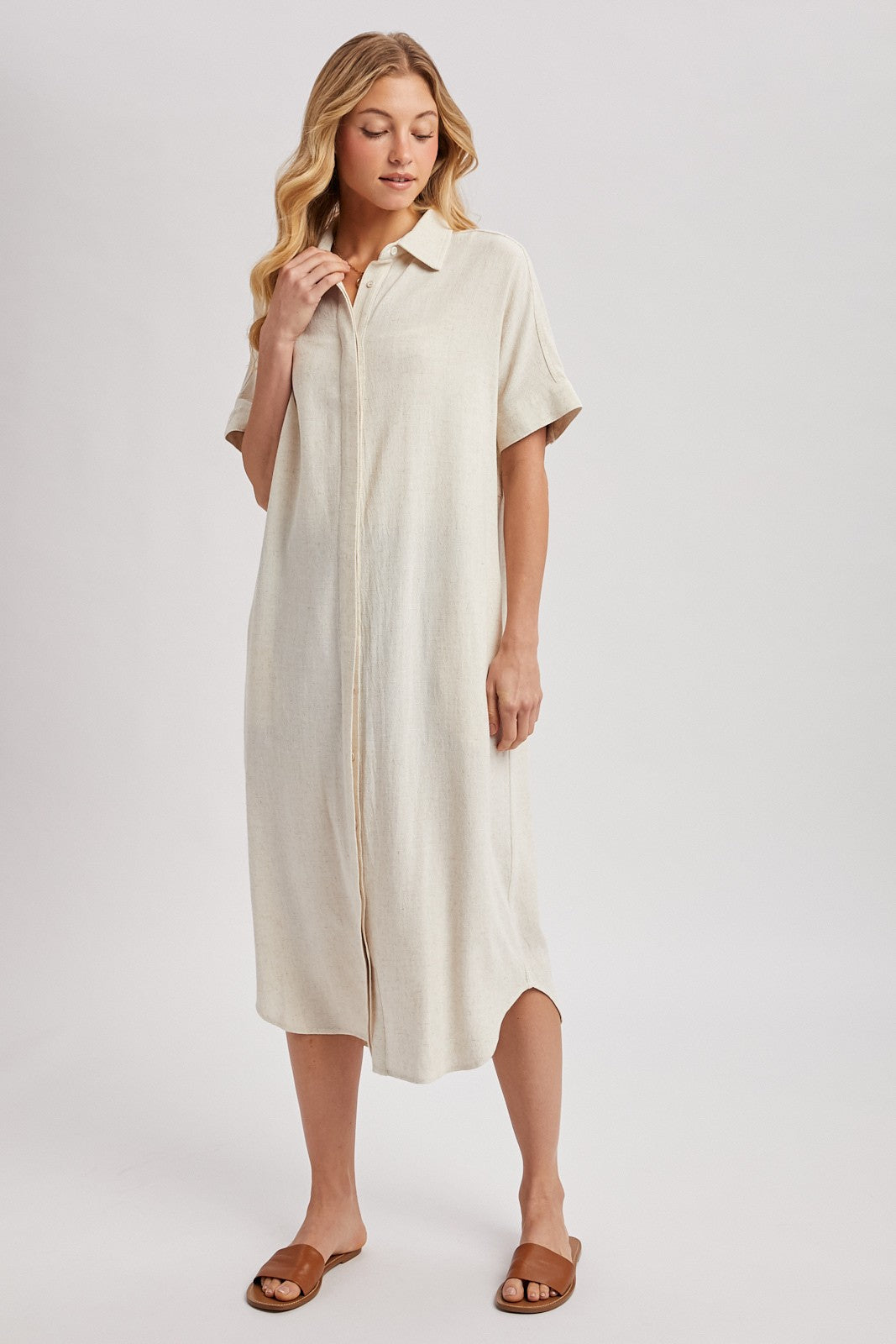 Natural Button Down Midi Shirt Dress