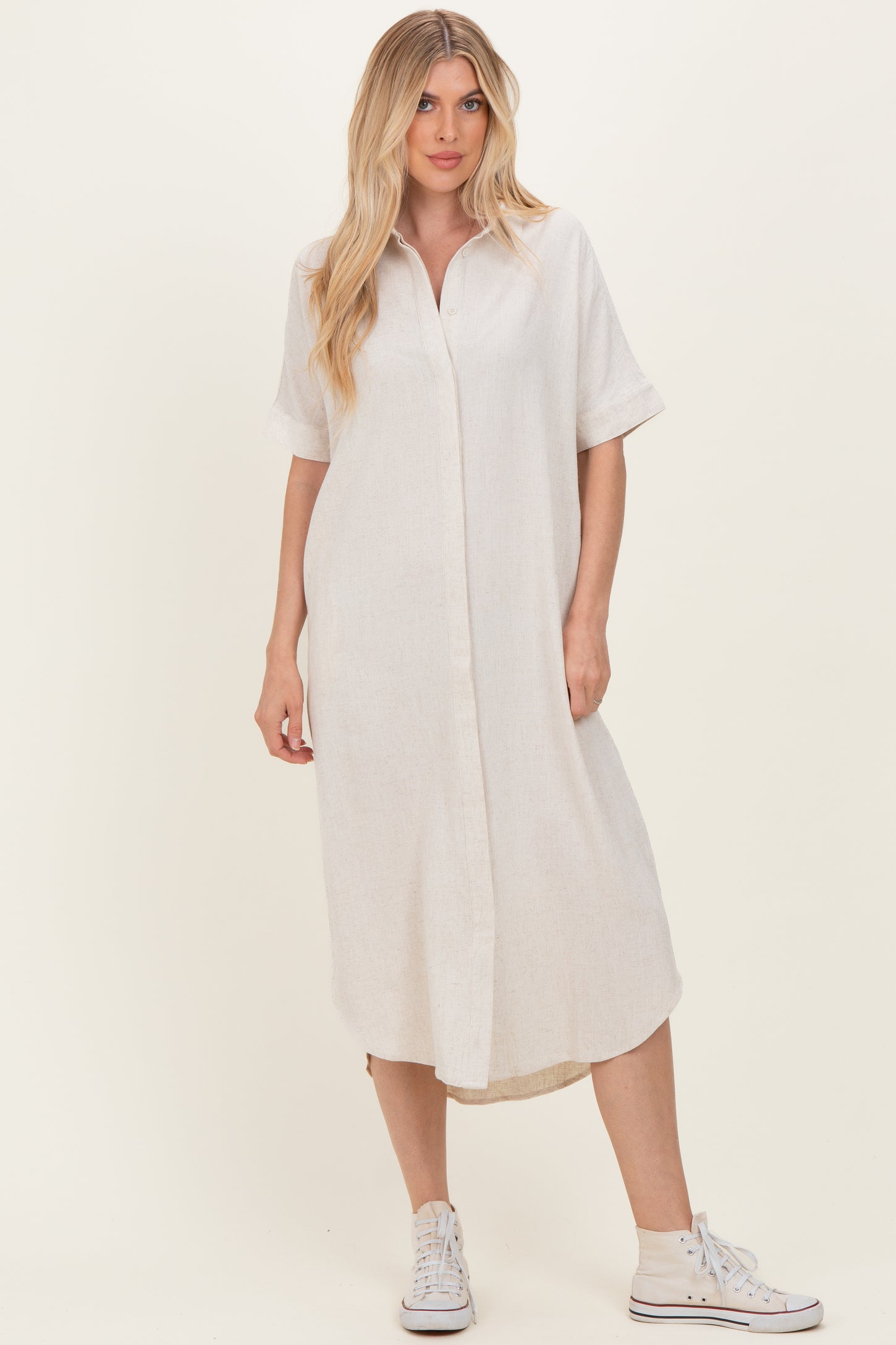 Natural Button Down Maternity Midi Shirt Dress