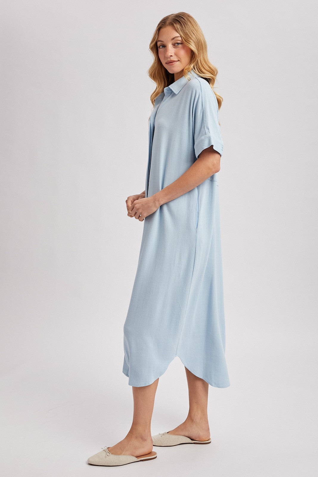 Light Blue Button Down Midi Shirt Dress
