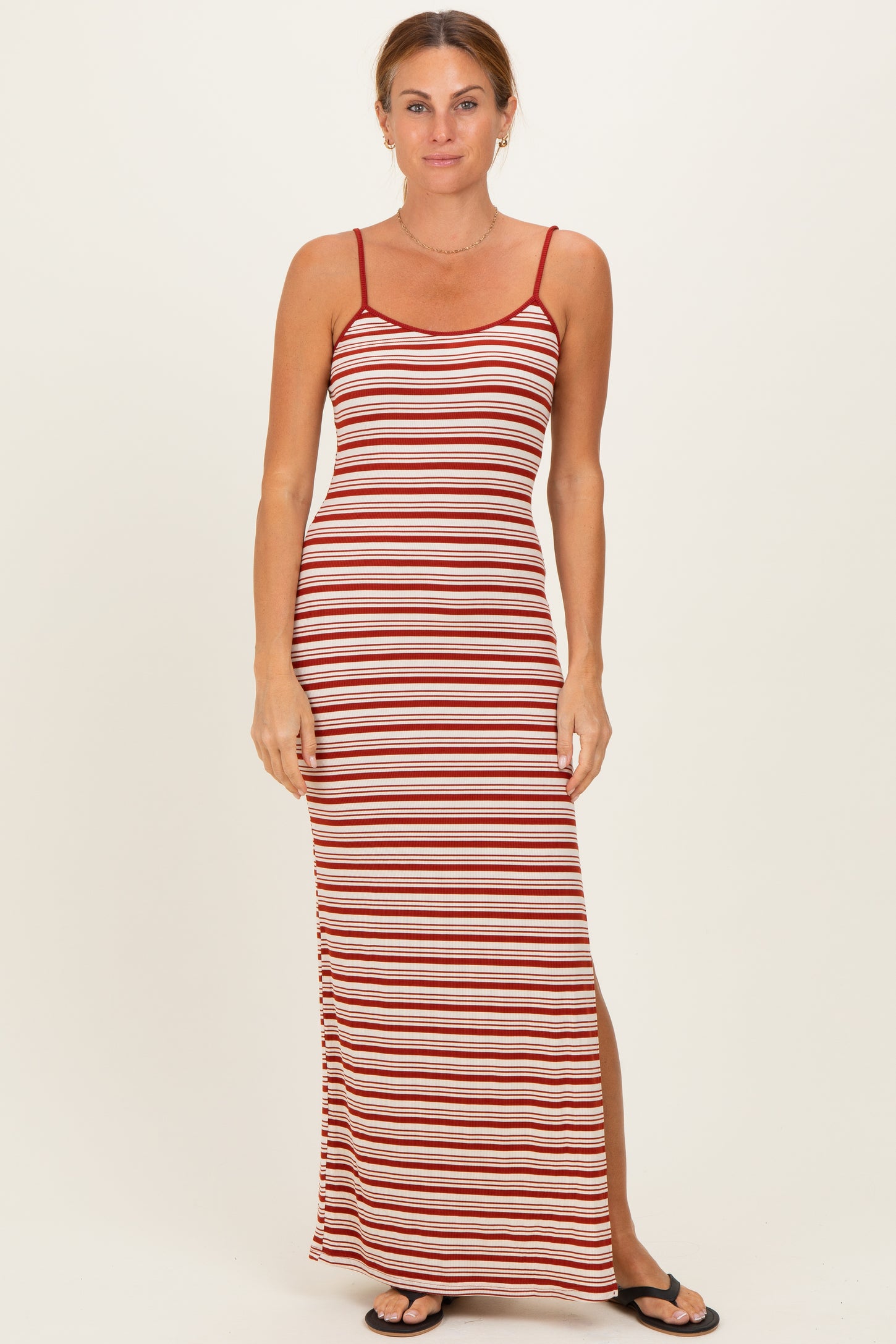 Red Striped Ribbed Sleeveless Side Slit Maternity Maxi Dress