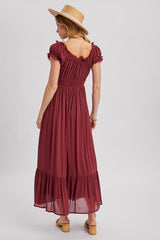 Burgundy Smocked Waist Off Shoulder Maxi Dress