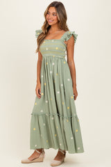Light Green Floral Embroidered Smocked Maxi Dress