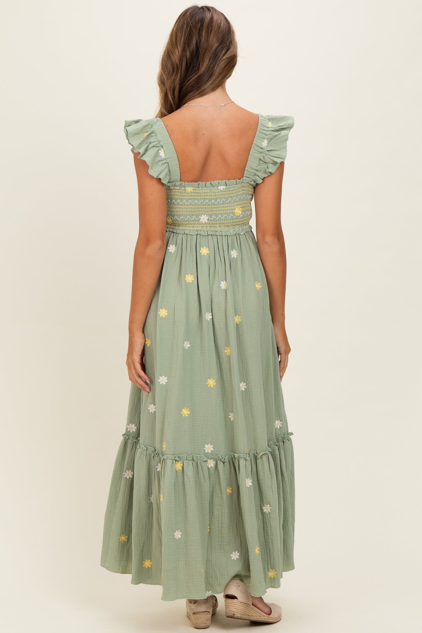 Light Green Floral Embroidered Smocked Maxi Dress