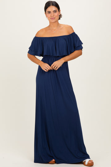 Navy Ruffle Off Shoulder Maxi Dress