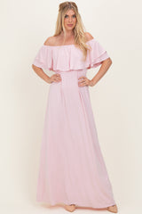 Light Pink Ruffle Off Shoulder Maternity Maxi Dress