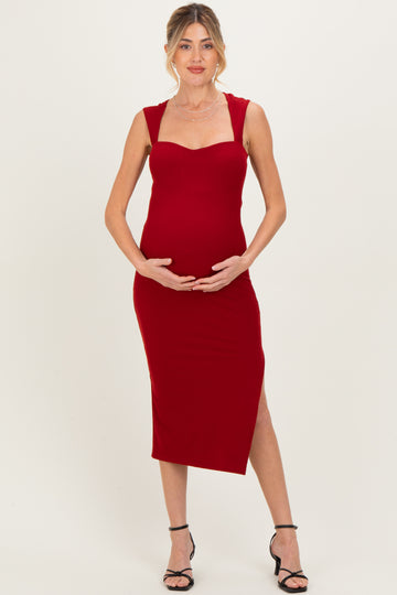 Burgundy Cutout Fitted Maternity Midi Dress